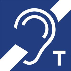 Symbolbild für Induktives Hören - durchgestrichenes Ohr mit dem Buchstaben T unten rechts in der Ecke